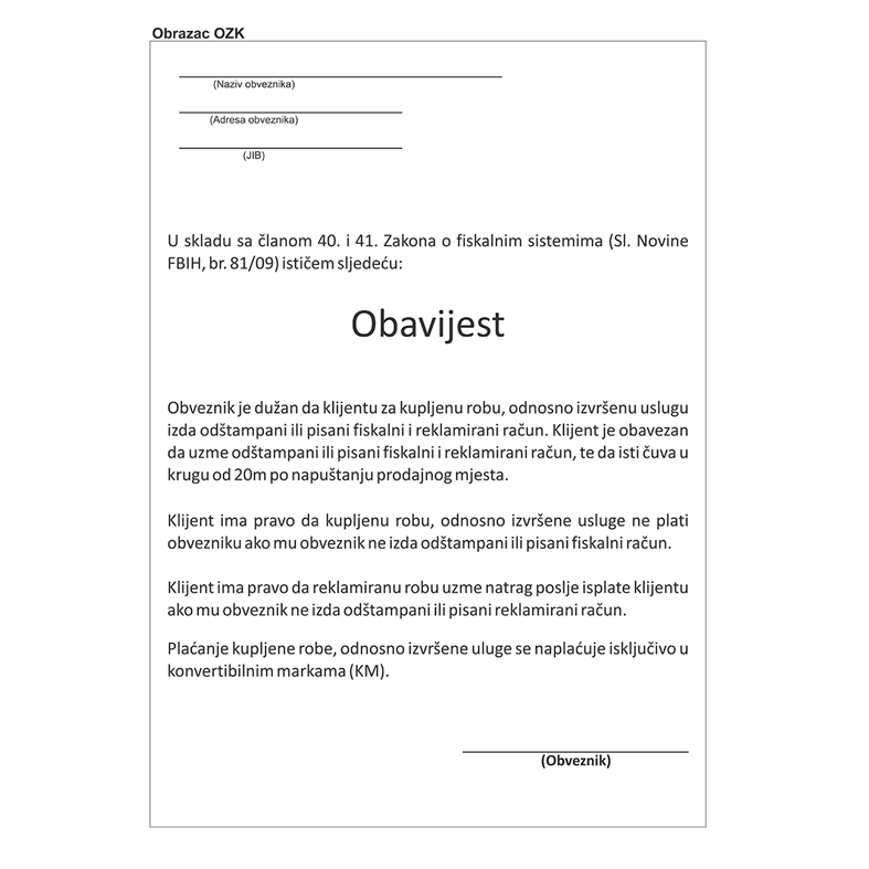 OBAVIJEST O FISKALIZACIJI A3